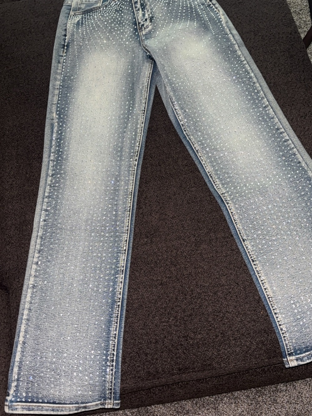 Fashion Nova Light Wash Skinny Jeans with Rhinestone Trim